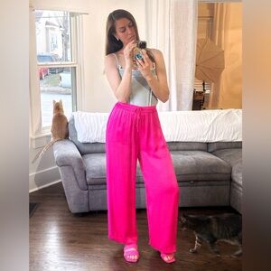 Ciebon Satin Soft Pants Medium High Rise Hot Pink Drawstring Wide Leg Trouser